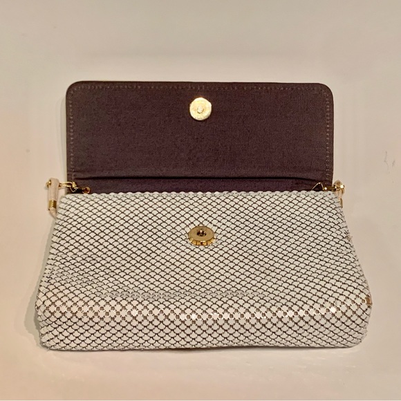 Vintage Whiting and Davis White Metal Mesh Cross Body Shoulder Bag Leather Strap - Picture 7 of 15